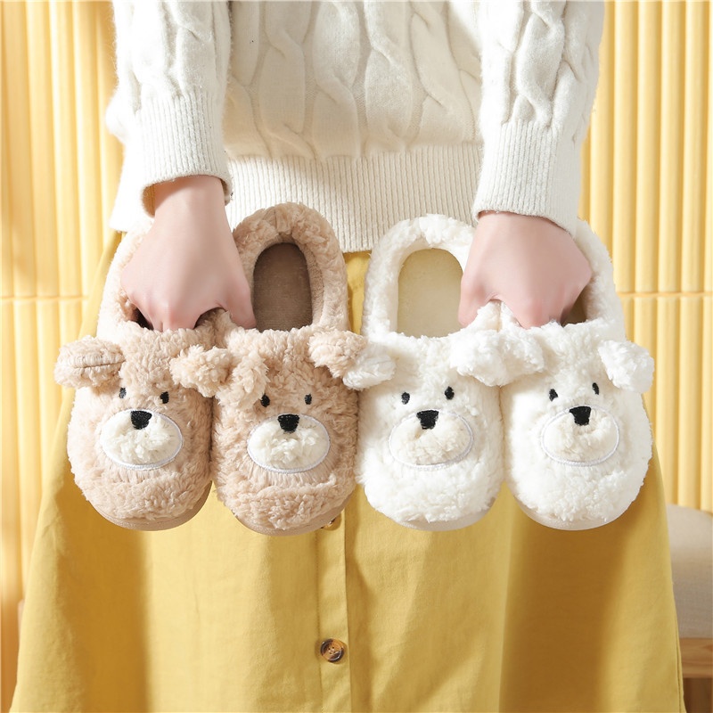 Cover Heel Cotton Slippers For Women Cute Winter Indoor Home Non-slip Bear Plush Couple Cartoon Slippers Winter