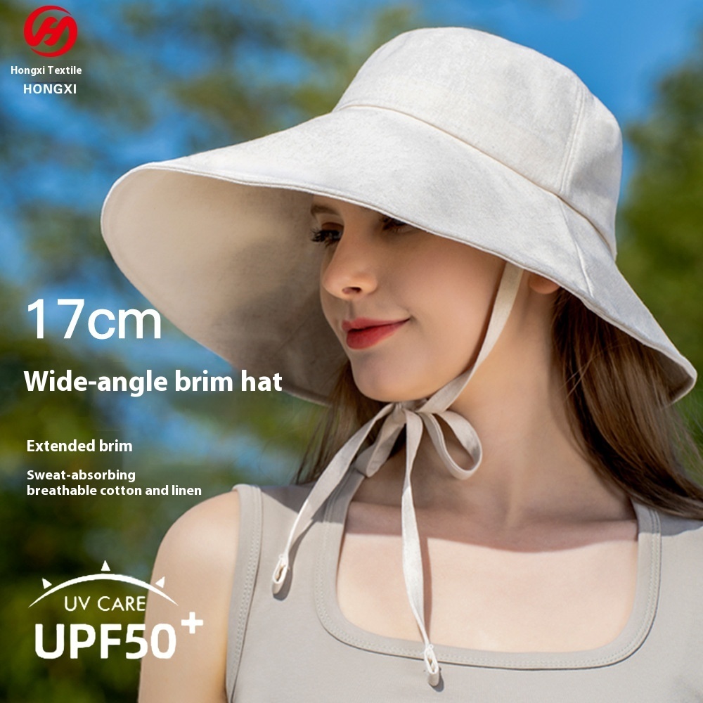 Cotton And Linen Strap Fisherman Hat With Enlarge Brim Summer Sun Protection Hat Sunshade UV Protection Lightweight Breathable Sun Hat