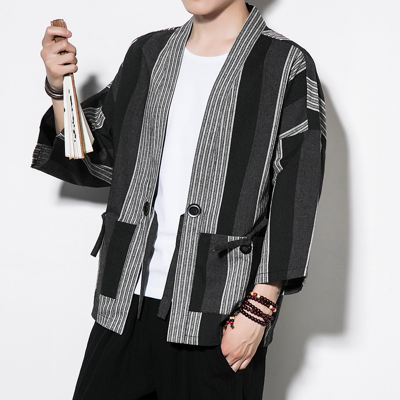 Chinese Style Summer Men's Striped Cotton And Linen Hanfu Retro Large Size Fashion Linen Cardigan Tang Suit Men