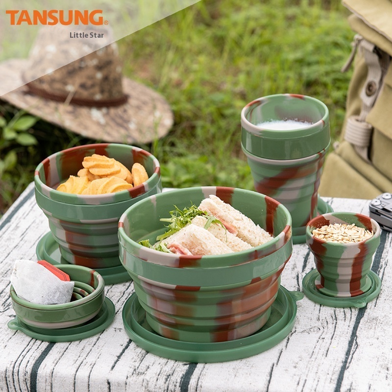 Ready Stock Portable Outdoor Round Folding Cup Bowl Silicone Folding Bowl With Lid Lanyard Travel Silicone Bowl