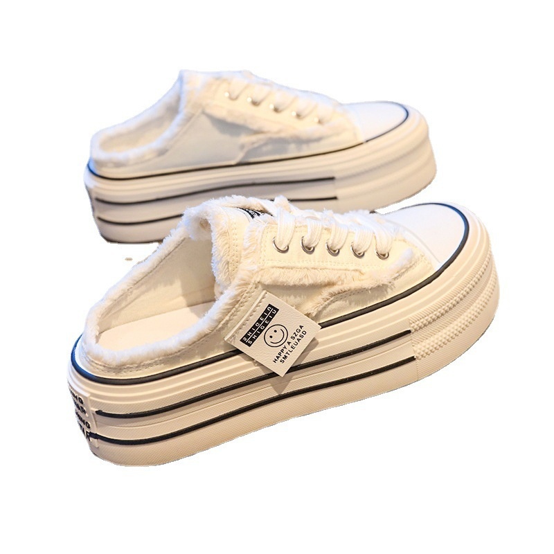 Closed Toe Slippers Women's Summer Outdoor Wear Canvas Shoes Heel-free Half Support Internet Celebrity Lazy Half Slippers Thick Bottom Sandals