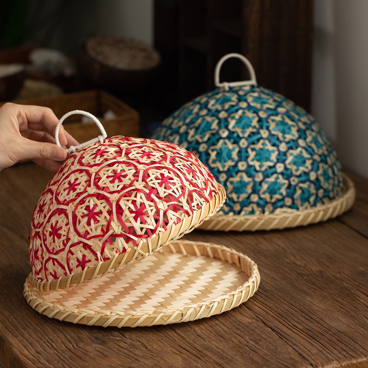 Handmade Rattan Woven Nanyang Style Fruit Plate Bread Basket Round With Lid Ect-proof Table Cover Fruit Leftovers Umbrella