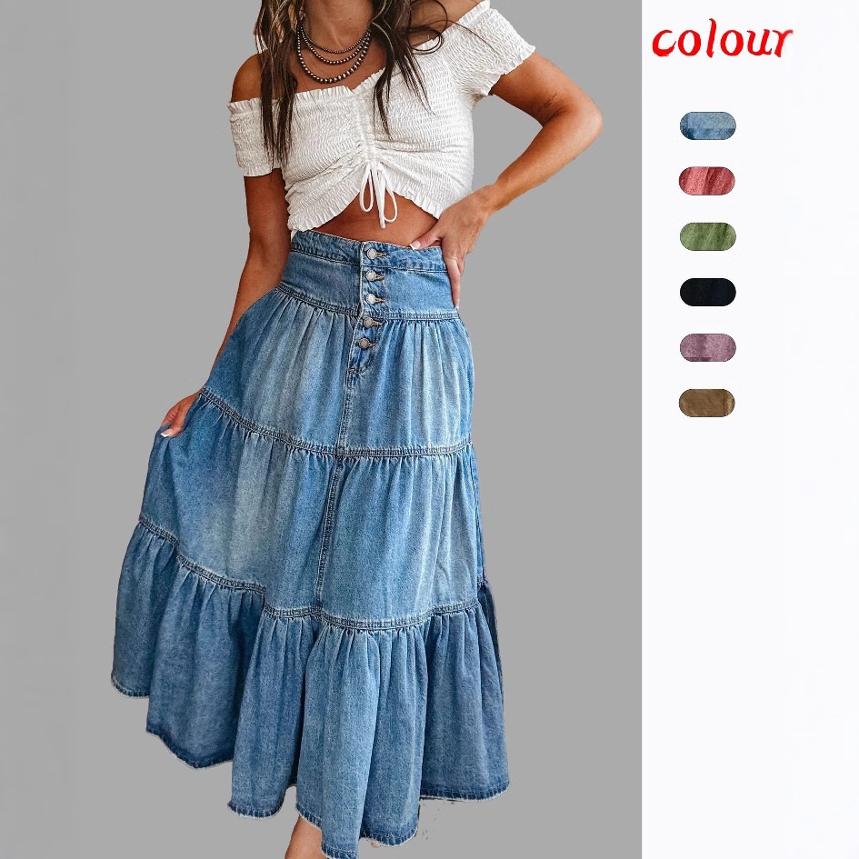 25 Years Europe And America Bohemian A- Shaped Layered Cake Denim Skirt 8922