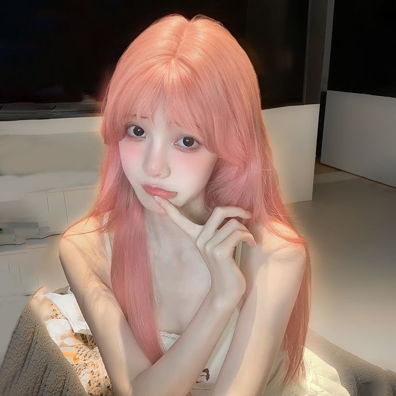 Wig Women's Full Headgear Cyber Red Air Bangs Lolita Pink Daily Girl's Long Straight Hair Artificial Wig Headgear