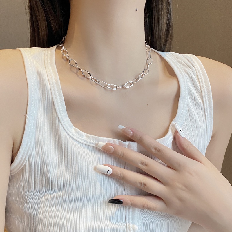 Korean Niche Design Temperament Heavy Industry925 Sterling Silver Long Circle Geometric Necklace Clavicle Chain Female