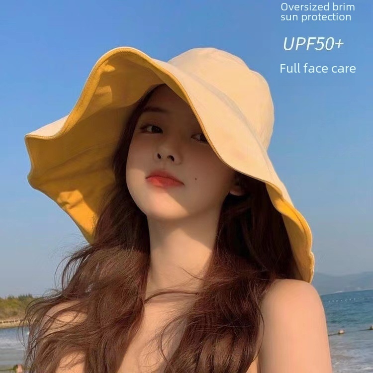 Big Along The Fisherman Hat Double-sided Sunscreen Hat Face Small Sunscreen Black Women's Sun Hat Street Style Korean Double-sided Hat