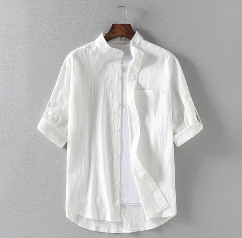 Men's Linen Stand Collar Five-point Sleeve Shirty Men's Cotton And Linen Loose Large Size Casual Shirt
