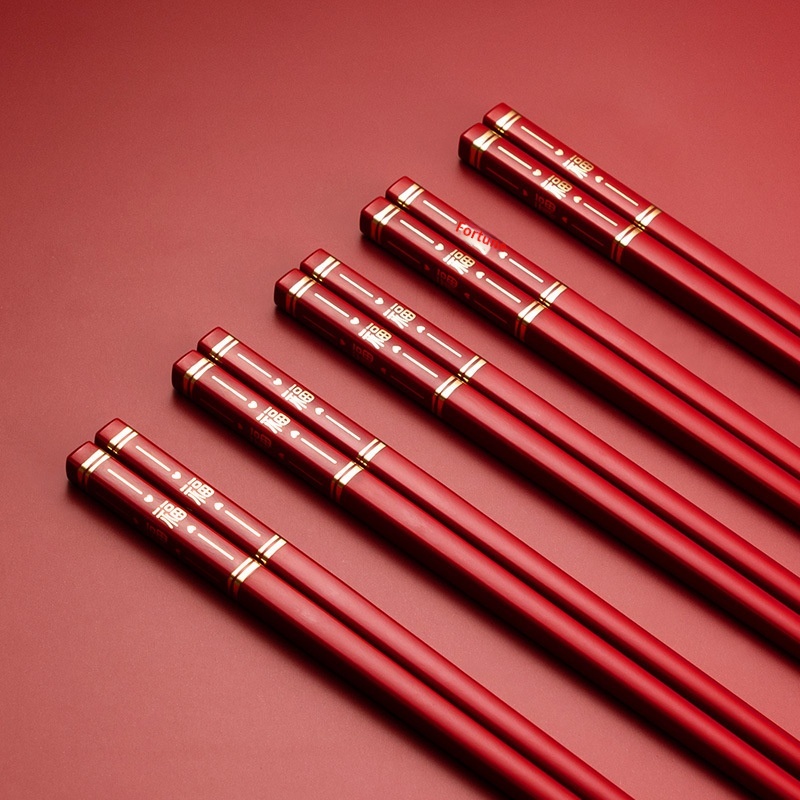 10 Pairs Luxury Red Alloy Chopsticks – Non-Slip Heat-Resistant Mold-Proof Fu Gold Chinese Wedding & Housewarming Gift Set