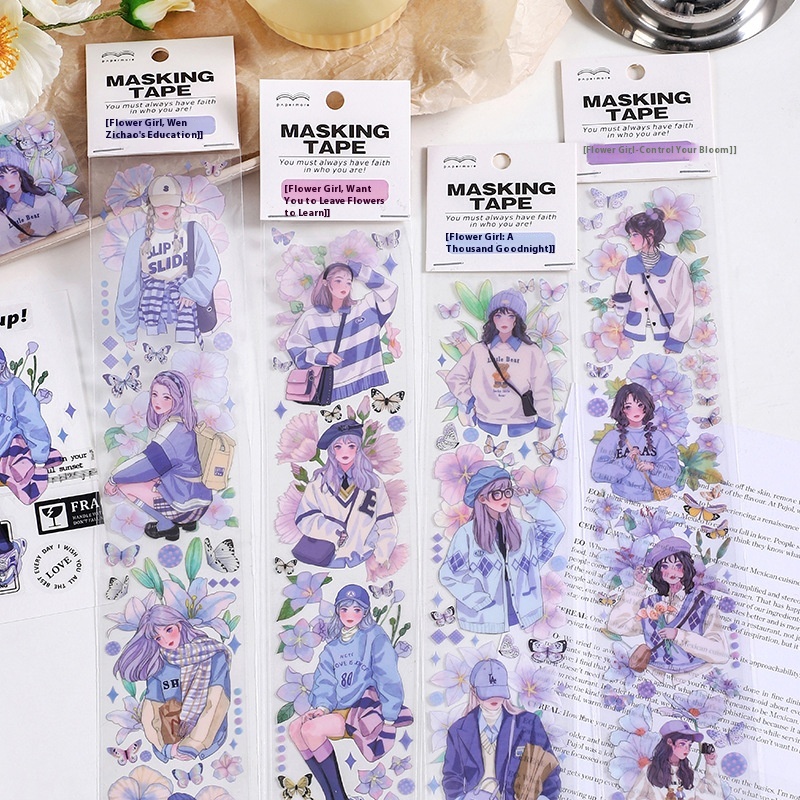 Paper More P E T Long Tape Flower Girl Series Cartoon Character Illustration Handbook Material Stickers4 Styles
