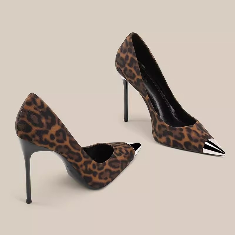 Niche Design Sense Metal Iron Head Leopard Pointed High Heels Shallow 10cm Stiletto Heel Shoes Women