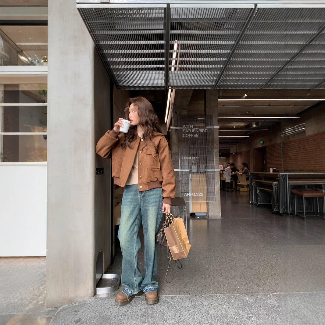 American Retro Deerskin Velvet Baseball Suit Coat Jacket Cardigan Spring And Autumn Short Biker Suit Top