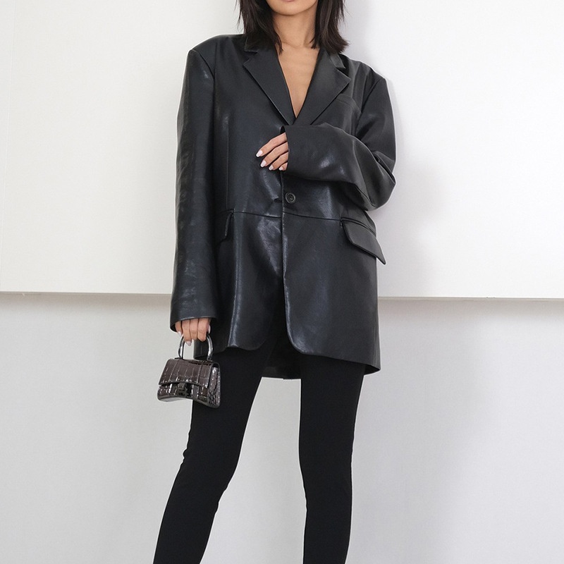 Genuine Leather Jacket Hn3130 Spring Korean Style Silhouette Oversize Loose Vegetable Tanned Goatskin Suit Jacket For Women