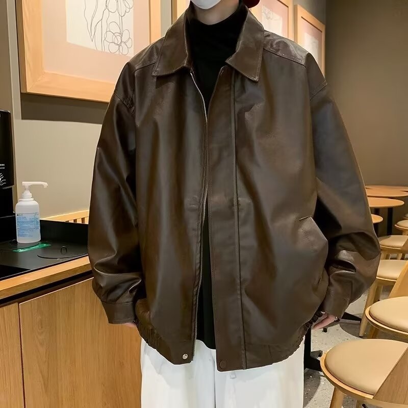 Spring And Autumn Korean Fashionable Handsome Motorcycle Jacket Brown Leather Loose Fried Street Jacket Men's Y