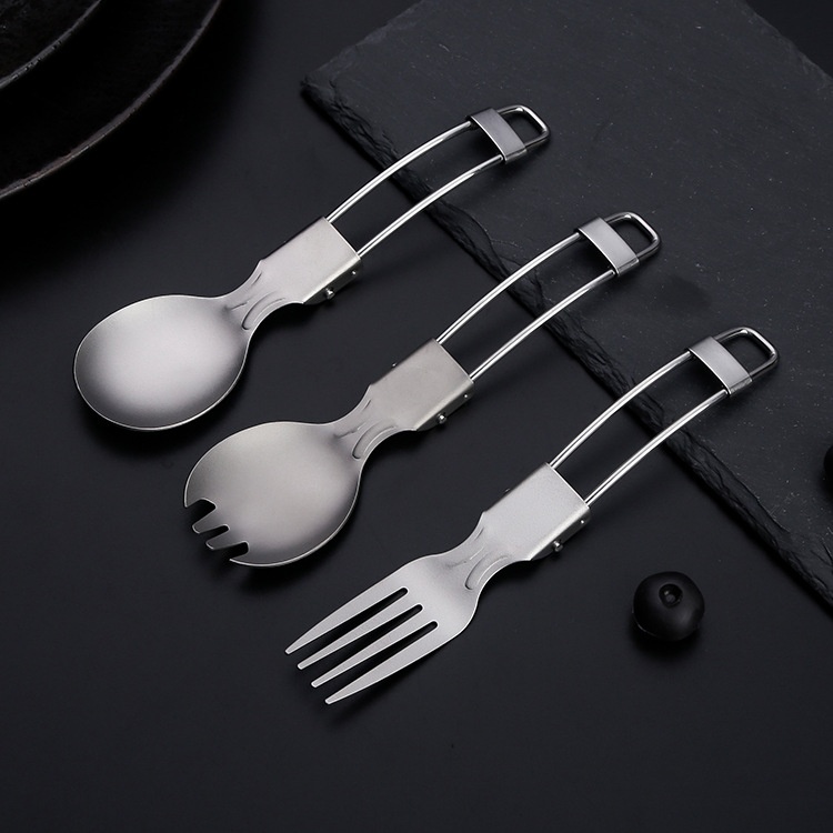 Pure Titanium Folding Spoon Outdoor Camping Home Salad Fork Titanium Alloy Fork Picnic Folding Tableware Three-piece Set