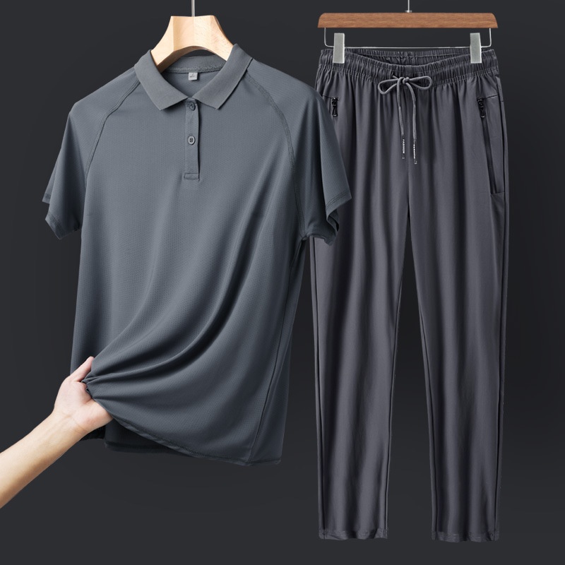 Comfortable Dad Suit Ice Silk Sports Suit Men Summer Casual Short Sleeve Summer Middle-aged Summer Clothes Middle-aged And Elderly Men's Clothing