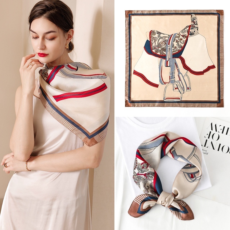 Silk Scarf Summer Plaid Saddle Double-sided Printing70 Small Silk Scarf Square Scarf Retro Tied Bag Streamer