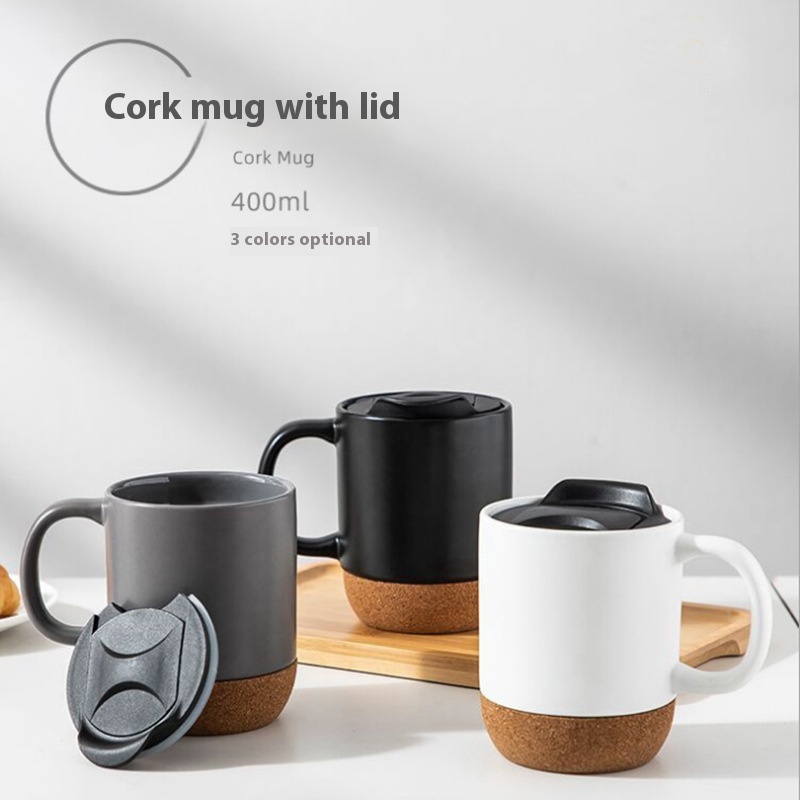 Ulated Ceramic Water Cup Cork Base Mug Black White Gray Simple Coffee Cup With Lid Milk Oatmeal Cup