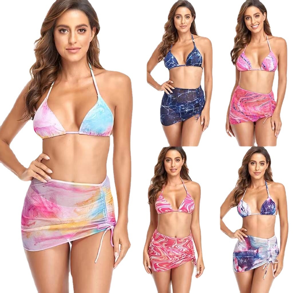 European And American Split Bikini Backless Lace-up Classical Printed Mesh Skirt Three-piece Suit Foreign Trade Swimsuit