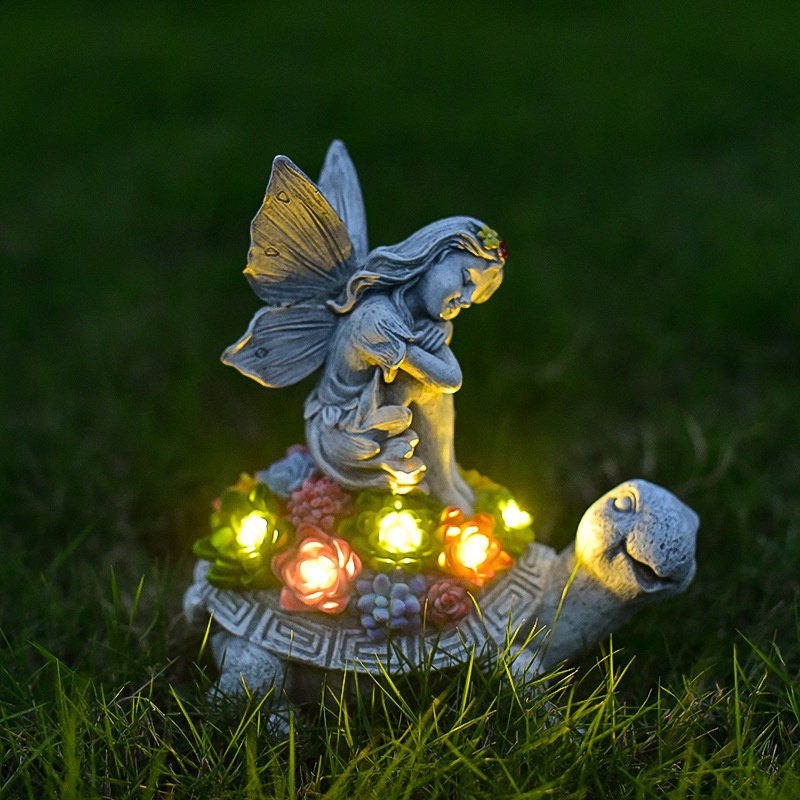 Garden Angel Girl Turtle Statue Outdoor Solar Garden Light Resin Decorative Ornaments Flower Fairy Light