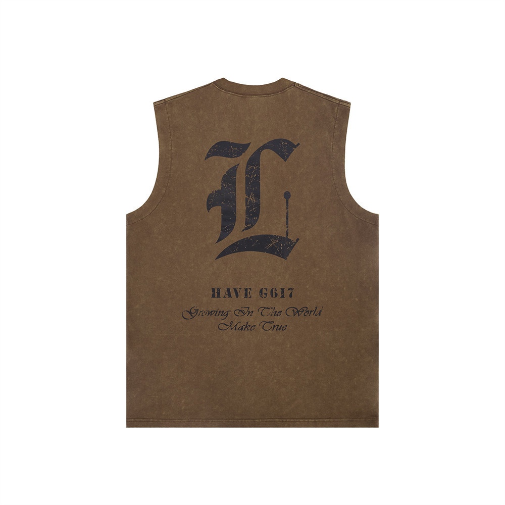Sleeveless Vest Men's Summer Street Fashion Letter Printed Round Neck T-shirt Washed Sports Waistcoat Bottoming Shirt