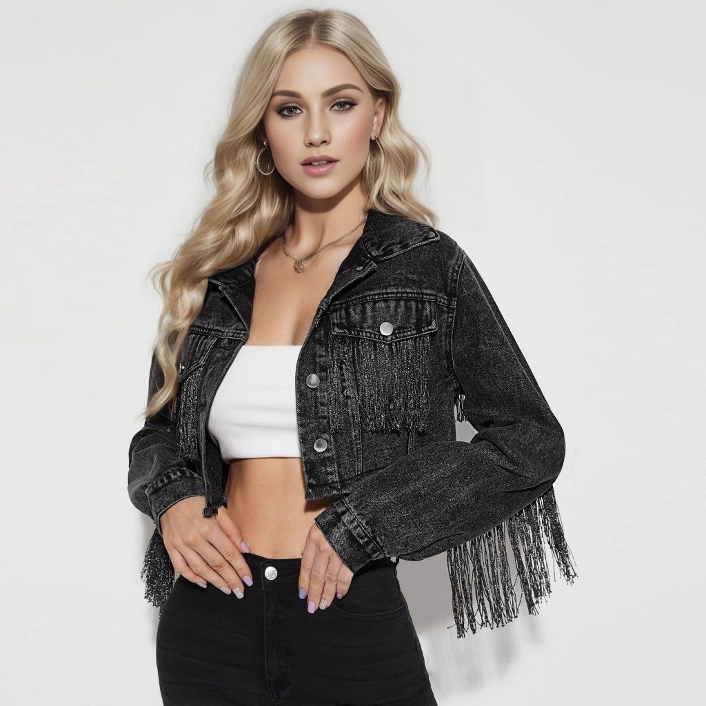 S112#European And American Foreign Trade Denim Jacket Women's Fashion Tassel Stitching Distressed Denim Jacket Women