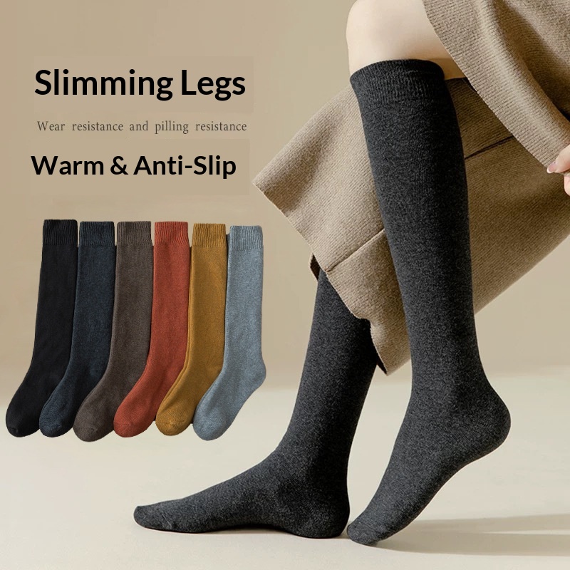 Calf Socks For Women In Autumn And Winter Fleece-Lined And Thickeneded Warm Mid-Calf Terry Socks Slimming Look Half-High Socks Winter Stockings