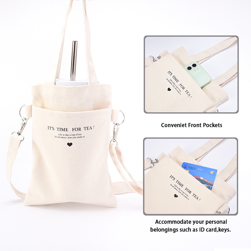Canvas Milk Tea Cup Bag Water Cup Storage Canvas Handbag Shopping Fashionable Portable Double-mouth Canvas Bag