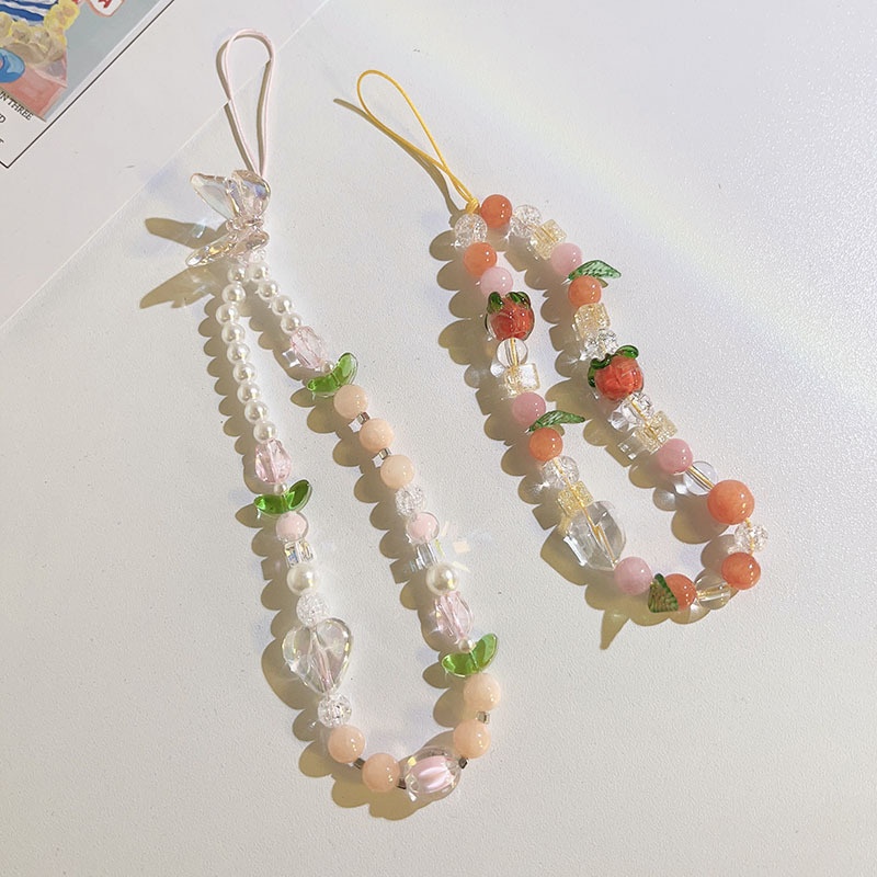 Summer Fresh Peach Bead Hanging Chain Universal Mobile Phone Lanyard Chain Pendant Keychain Women's Bead Chain