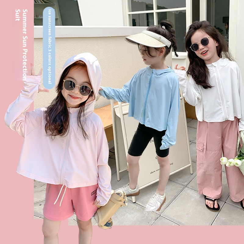 Amo Beibei Children's Clothing Children's Light Hooded Sun Protection Clothing Summer Girls Solid Color Travel Ice Sense Sun Protection Clothing