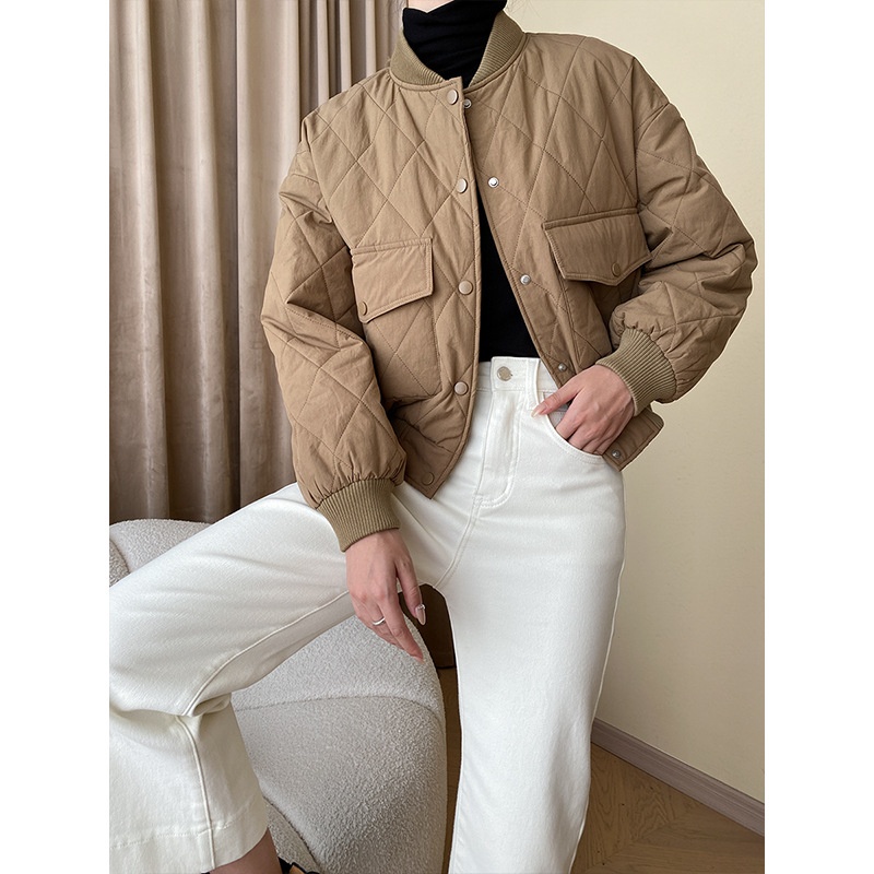 Sinan Design Double Pocket Stand Collar Loose Quilted Diamond Baseball Jacket Cotton Coat SN4634