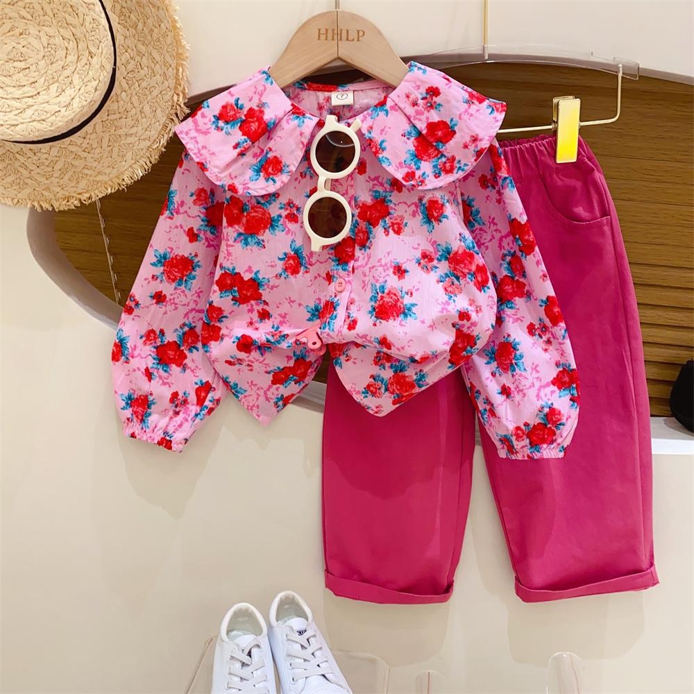 Girls Korean Style Big Flower Lotus Leaf Collar Western Style Shirt Tops Casual Straight Pants Two-piece Spring Outfit