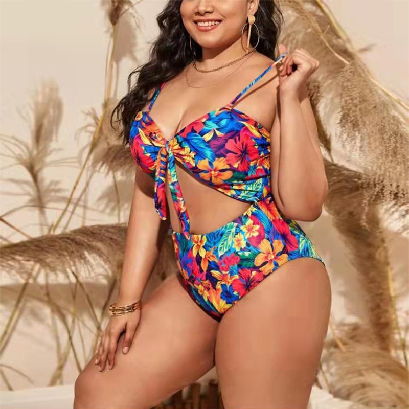 European And American Large Size Fat Woman One-piece Bikini With Exposed Belly Hollow Lace Digital Printing Swimsuit For Women