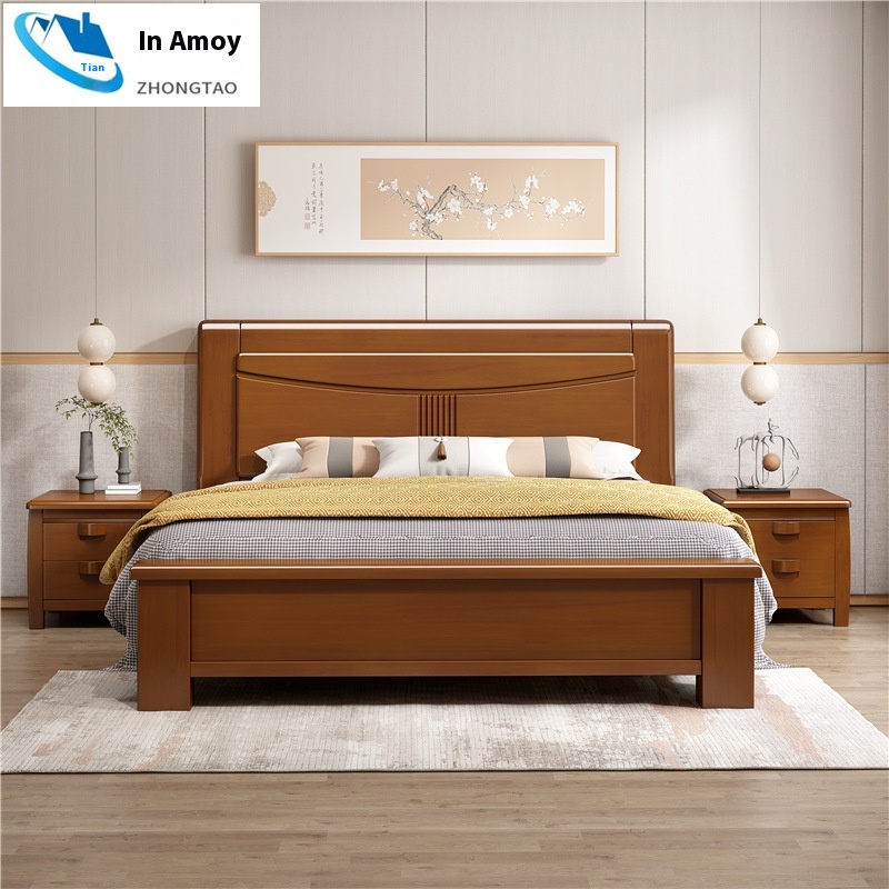 Chinese Solid Wood Bed1.8m Master Bedroom Double Bed Modern Simple1.5m Rubber Wood High Box Storage Bed Direct Sale