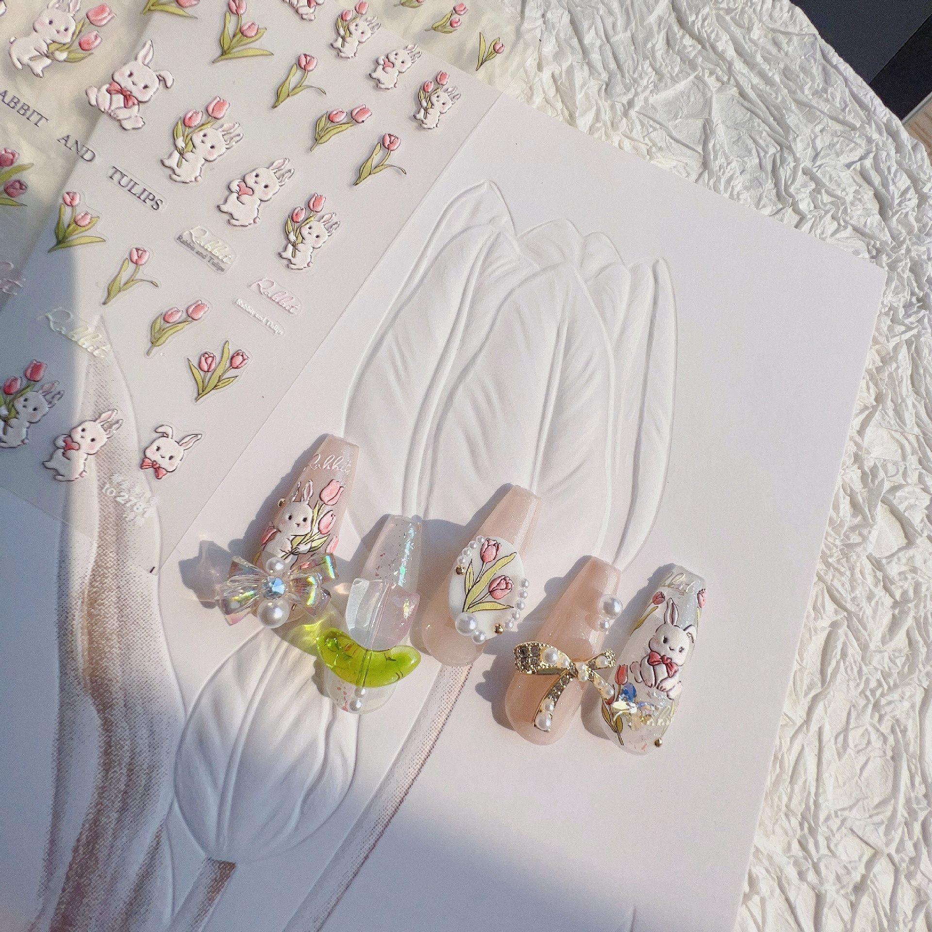 Tomoni Relief Nail Stickers Japanese Retro Nail Stickers Plaid Bunny Nail Accessories