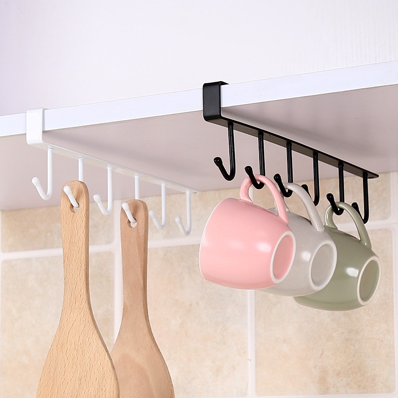 Kitchen Iron Seamless Nail-free Hook Cabinet Storage Rack Multi-function Wardrobe Door Rear Sorting Rack Six-row Hook