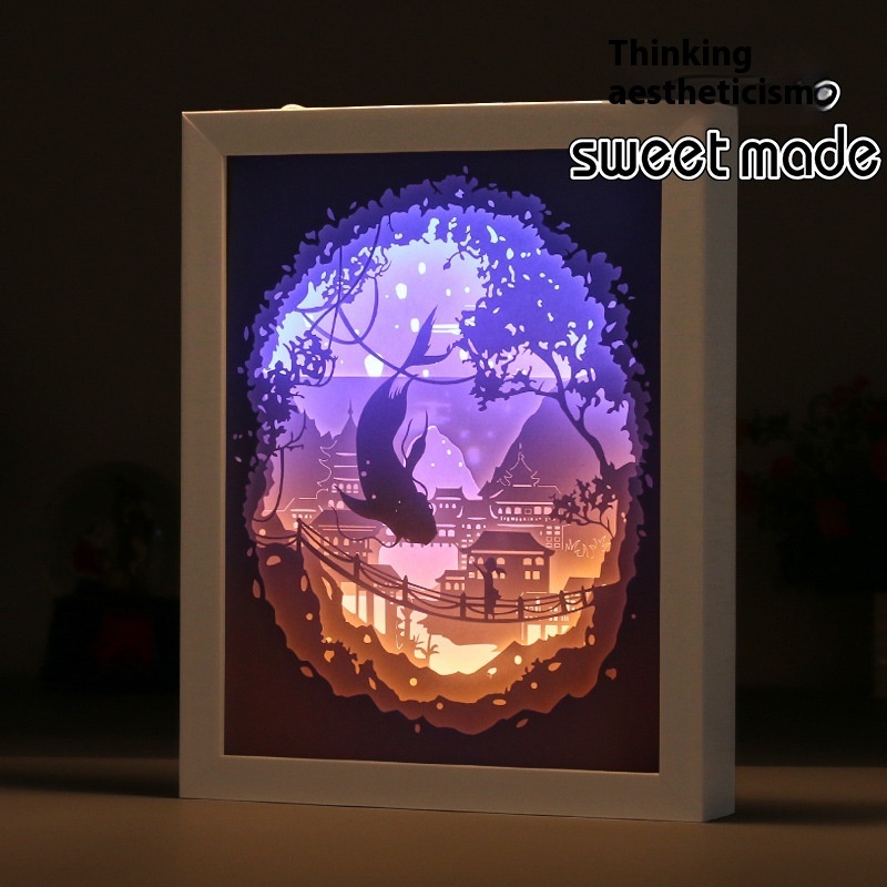 3 DLight And Shadow Paper Sculpture Lamp Big Fish Begonia Creative Gift Three-dimensional Wooden Photo Frame Small Night Light Custom Desk Lamp