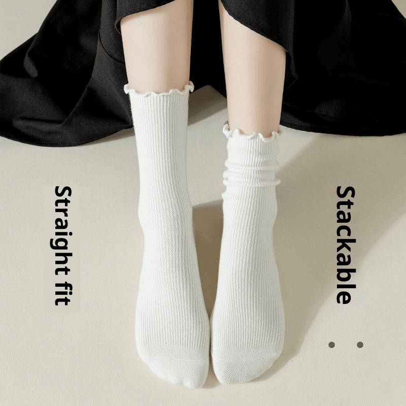 Zhuji Socks Mid-length Socks Brown Style Wood-ear Lace Socks Japanese Style All-match Pile Socks Autumn And Winter Women's Socks