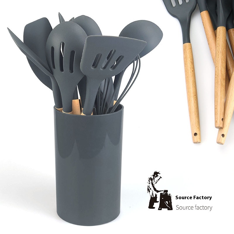 Direct Of Wooden Handle Silicone Kitchen Utensils Kitchen Cooking Utensils11-piece Set Non-stick Pan Special Silicone Spatula Spoon Set
