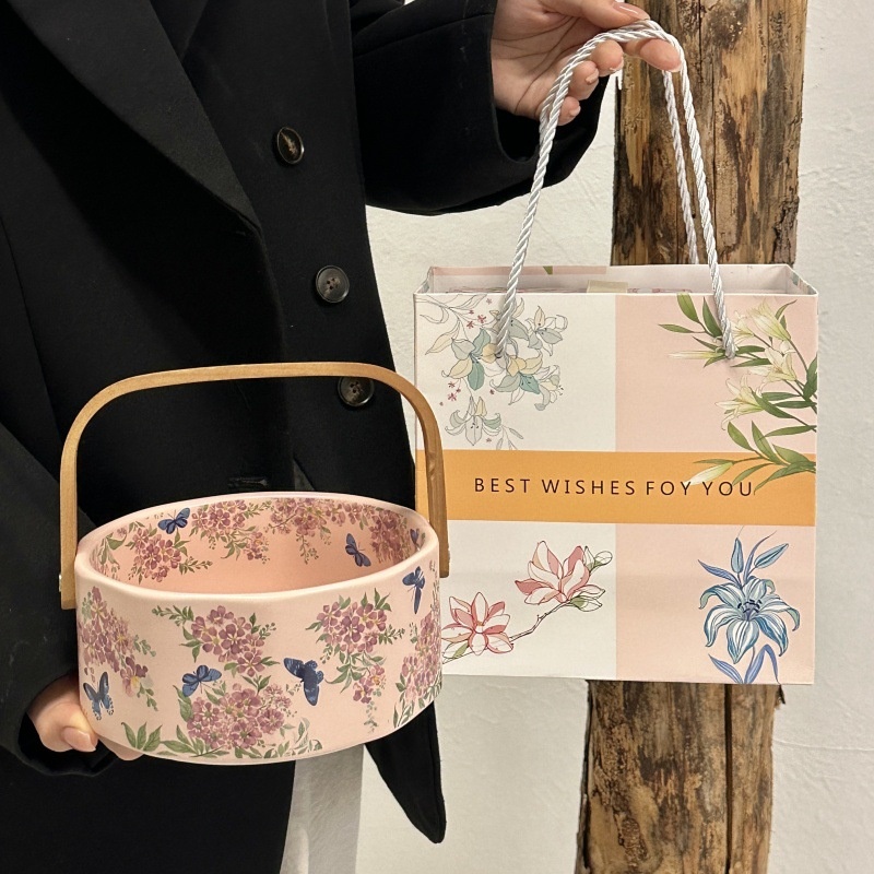 Vintage Lagerstroemia Flower Ceramic Fruit Blue Household Living Room Dried Fruit Candy Dish Plate Portable Fruit Blue Hand Gift Box