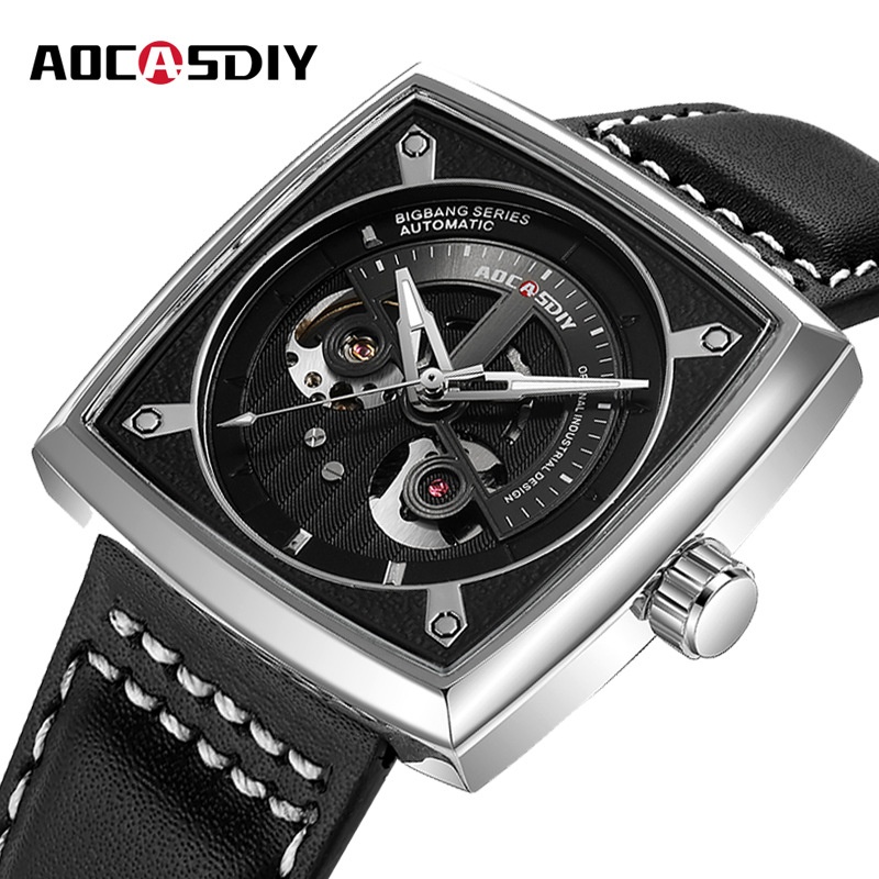 Skeleton Automatic Mechanical Watch For Men–Waterproof Leather Strap Wristwatch