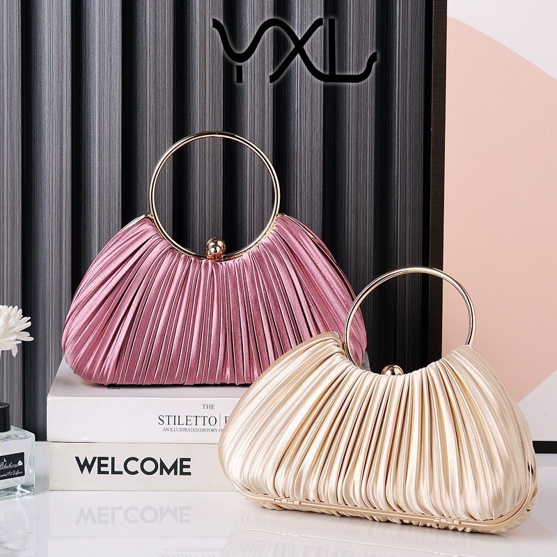 Pleated Evening Bag Temperament Apricot Dress Bag Ring Banquet Bag Handbag