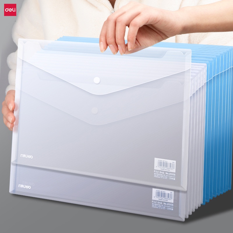 Deli A4 File Bag Transparent Blue Folder Thick Waterproof Buckle Bag Information Bag Storage Office Supplies