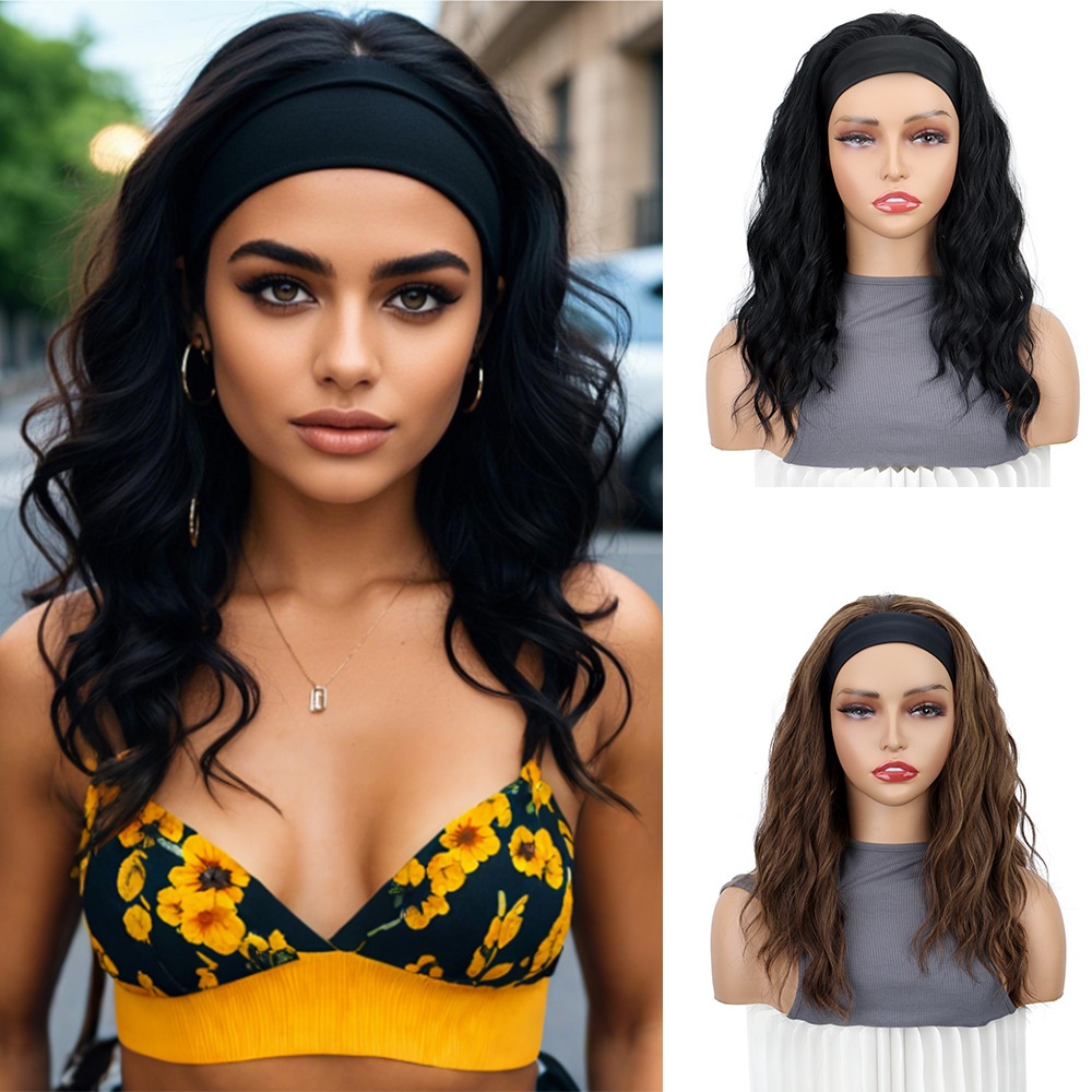 European And American Wig Headgear Medium And Long Curly Hair Water Ripple Ice Silk Hair Strap Headgear High Temperature Silk Chemical Fiber Wig Women's
