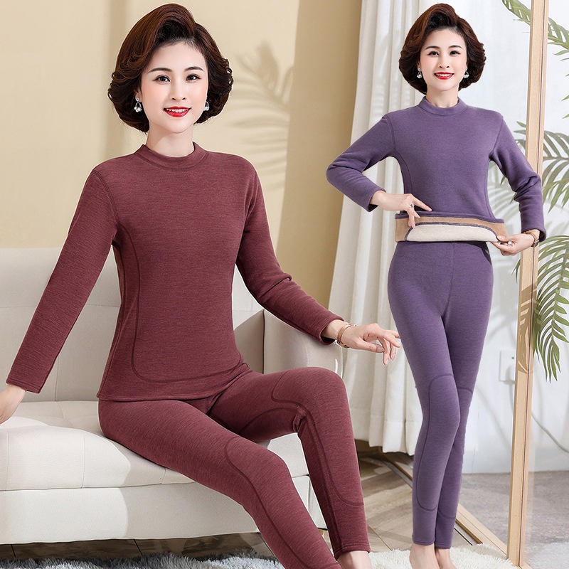 Middle-aged And Elderly Thermal Underwear Cashmere Silk Patch Suit Female Thickened Fleece-lined Mother Mid Collar Slim Waist Support Base