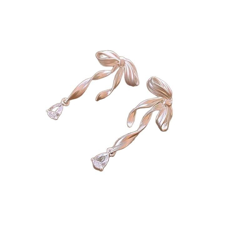 French Matte Alloy Bow Ribbon Earrings Women's Niche Elegant All-match Water Drop Earrings High-grade Tassel