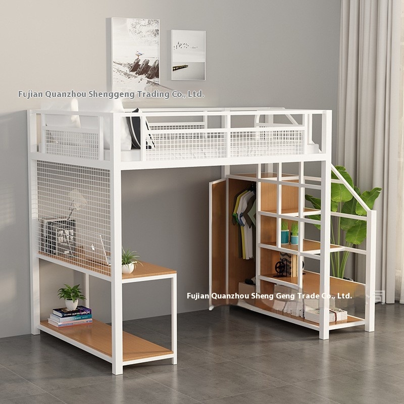 Nordic Iron Loft Bed With Wardrobe, Simple Upper And Lower Bed, Space-saving Home Single Iron Bed With Bookshelf Design