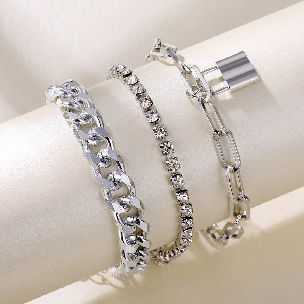 Vintage Lock-shaped Mixed Design Diamond-Set Chain Bracelet,4-piece Set