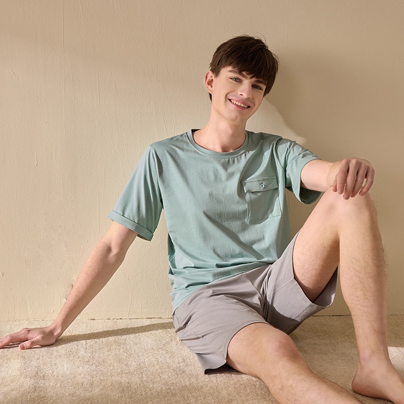 Men's Summer Modal Round Neck Short-sleeved Shorts Pajamas Home Clothes Suit Solid Color Pajamas Can Be Worn Outside