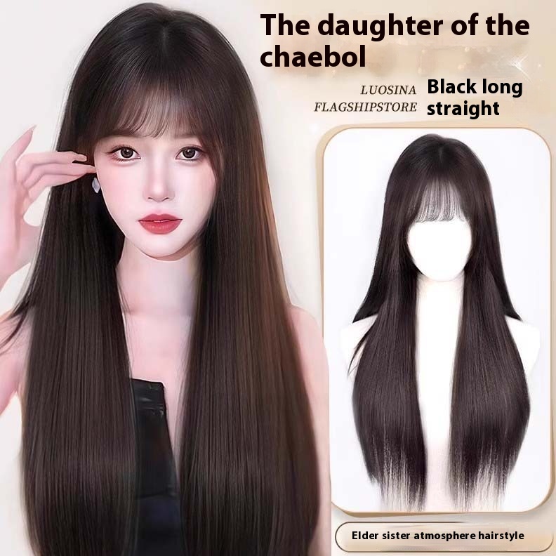Wig Full Headgear Women's Cold Heart Same-style Traceless Invisible Straight Bangs Black Long Straight Daily Full Headgear
