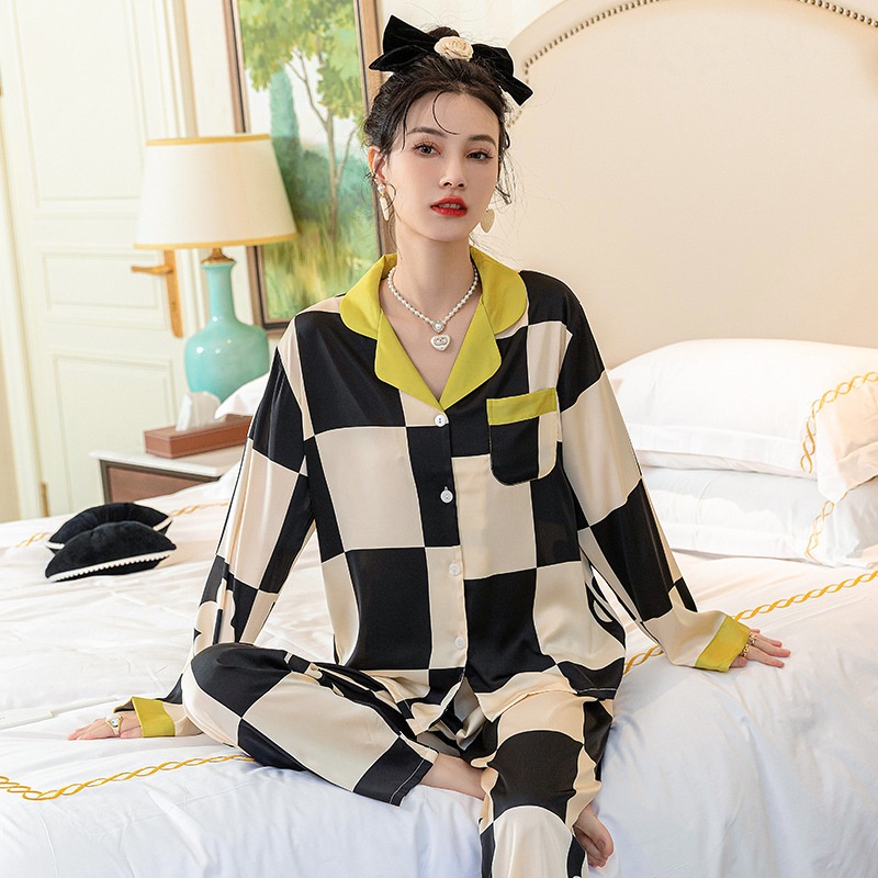 Spring And Summer Checkerboard Plaid Pajamas Thin Ice Silk Net Celebrity Style Long-sleeved Trousers Home Clothes Two-piece Set